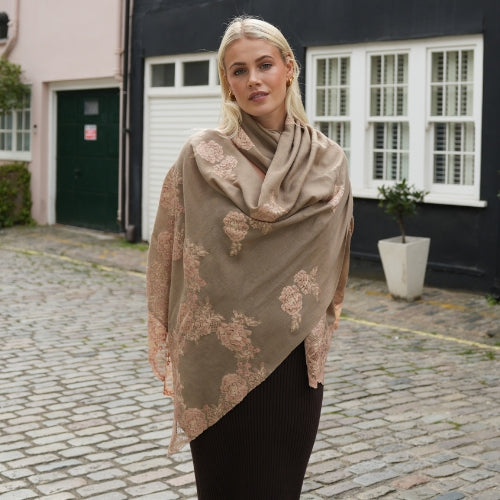 Natural Cashmere Scarf With Dual Shade Copper Chantilly Lace