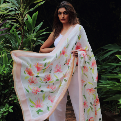 An Ivory Linen Scarf with All Over Multicolor Floral with Leaves Hand Painted with Multicolor Georgette Frill and Thin Filigree Lace Border.