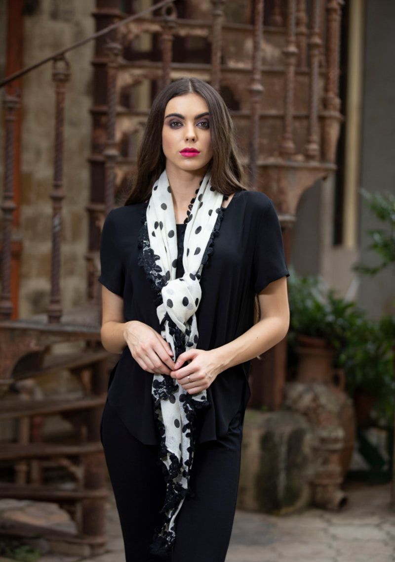 Ivory Wool Scarf with a Black Polka Dot Print and a Black Floral Lace & Pom Pom Border