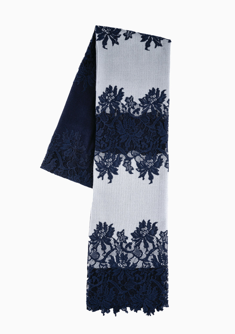 Grey Blue Cashmere Scarf with Lace Panels