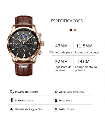 Relógio Masculino Lige Ocean King Com Pulseira de Couro