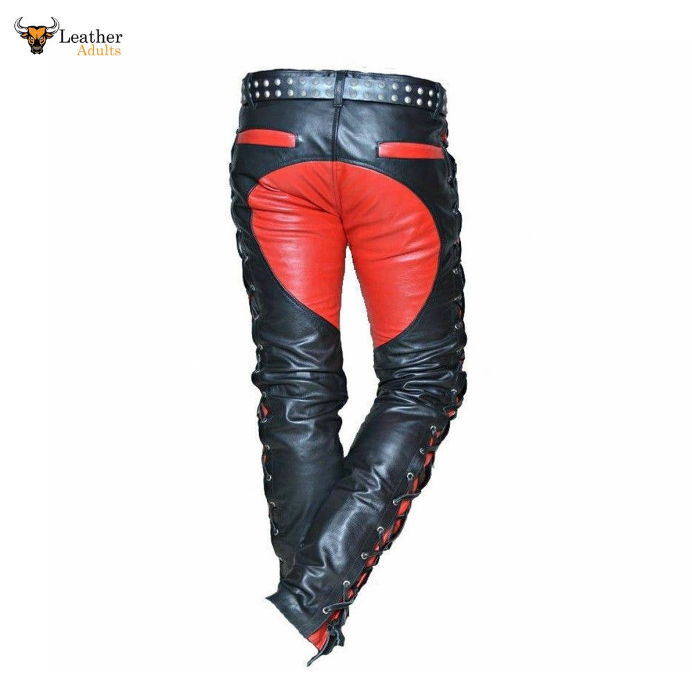 Mens Real Leather Bikers Pants Side and Front Laces Up Red Contrast Le ...