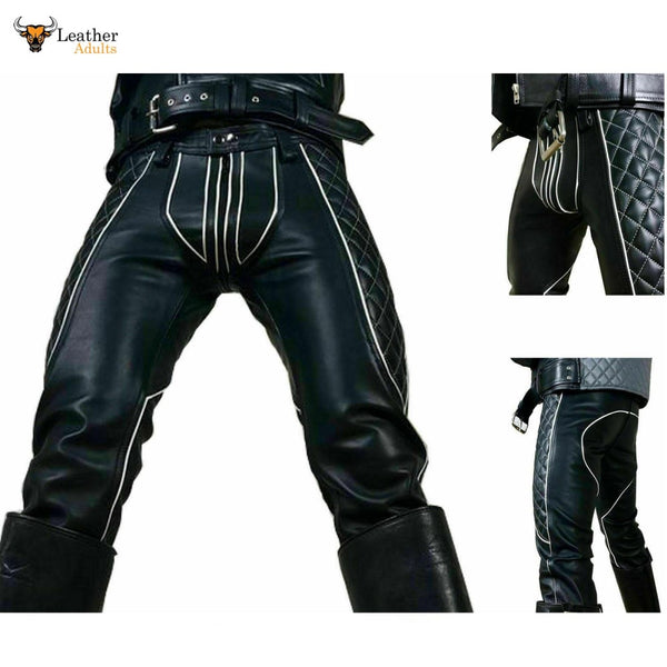 Men's Black Cowhide Leather Quilted Panels Breeches Trousers Pants Bik –  Leather Adults