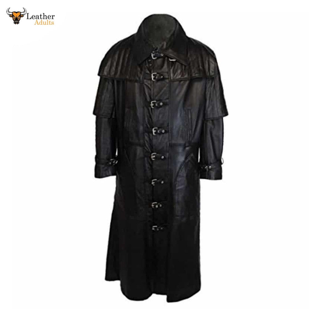 Mens Black Real Cowhide Leather Goth Steampunk Trench Coat Van Helsing ...