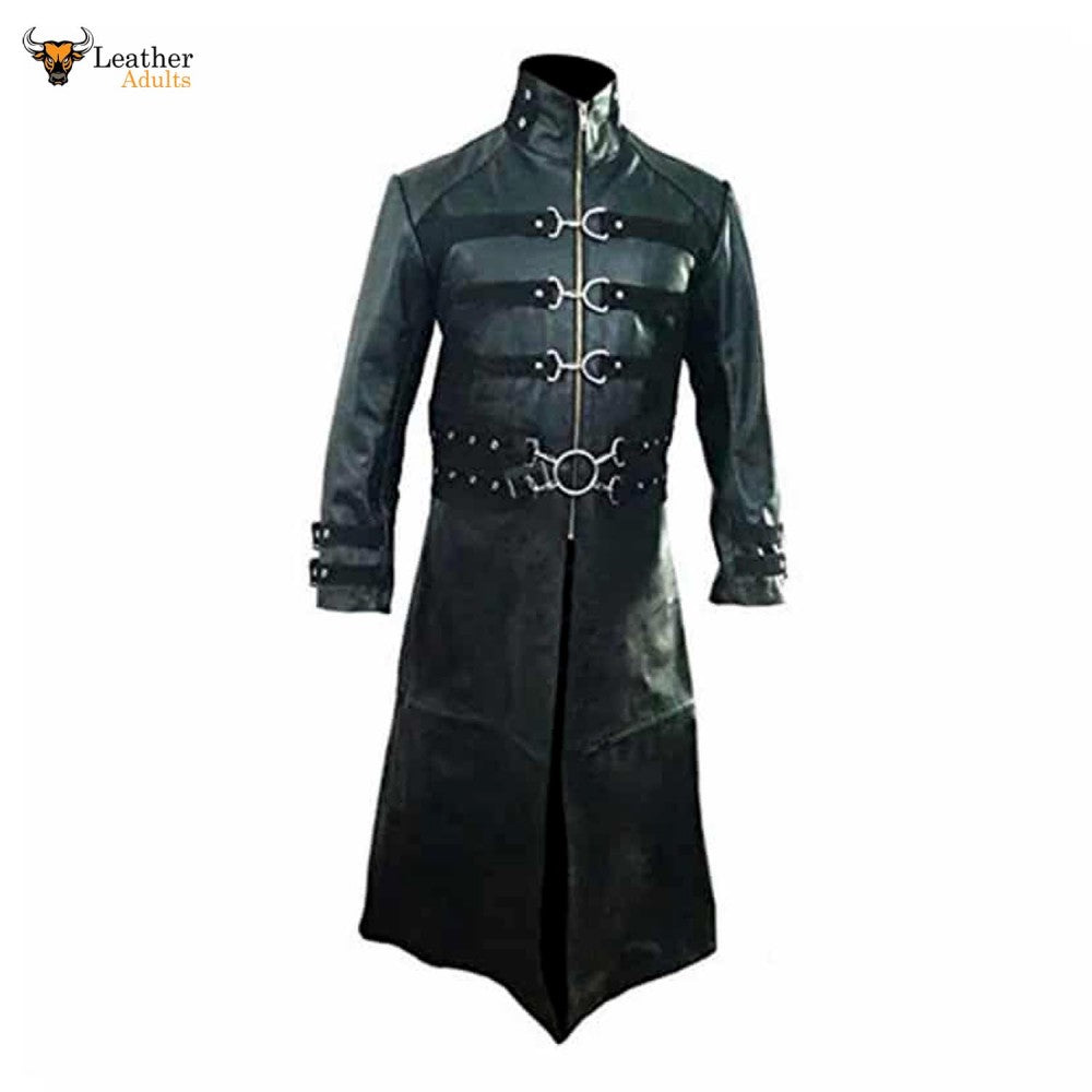 Mens Real Black Leather Goth Matrix Trench Coat Steampunk Gothic Van H