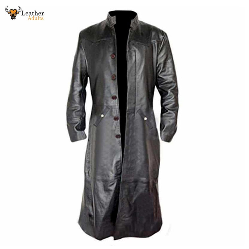 Mens Black Cowhide Leather Long Matrix Trench Coat Goth Steampunk Van Leather Adults