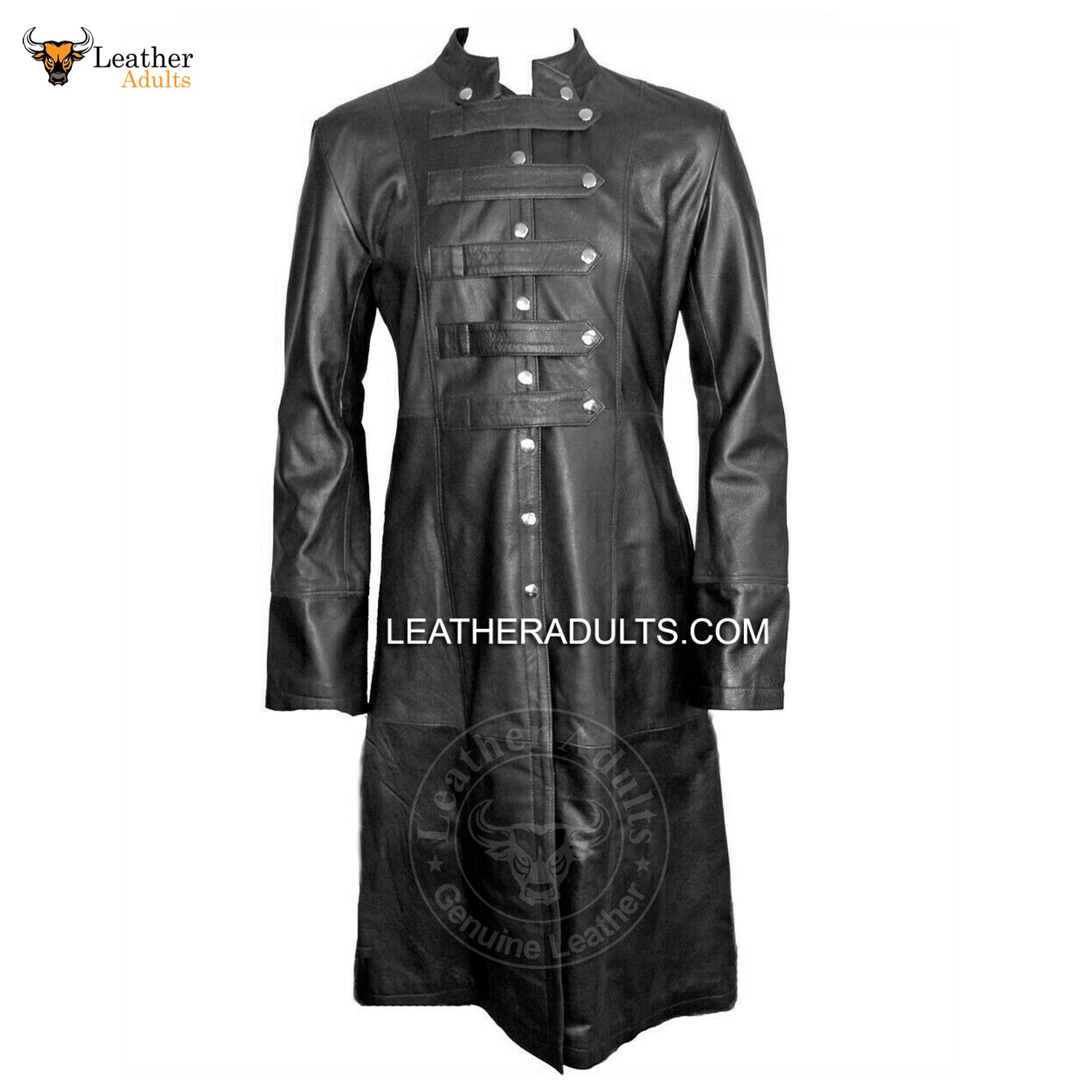 Mens Black Cowhide Leather Long Matrix Trench Coat Goth Steampunk Van ...