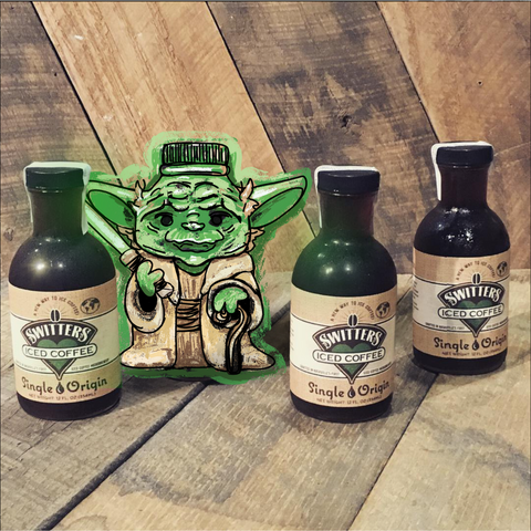 Drawing of Yoda next to bottles of Switters Single Origin.