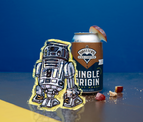 Drawing of R2D2 next to a 12 oz can of Switters Single Origin.