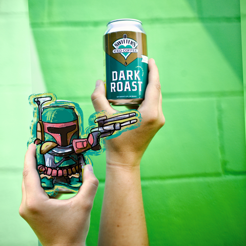 Drawing of Boba Fett photoshopped into a picture of Switters Dark roast.