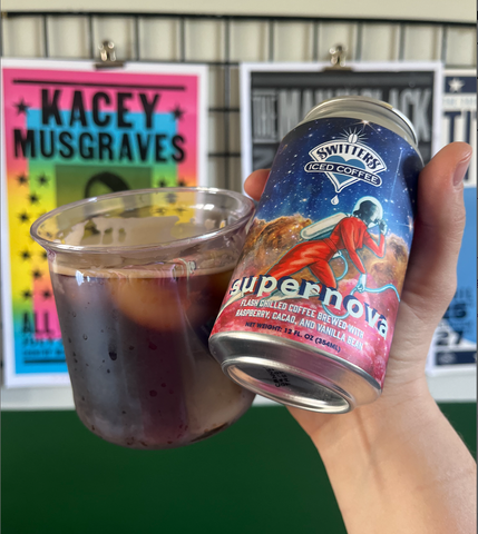 A can of Switters Supernova poured into an iridescent mug.