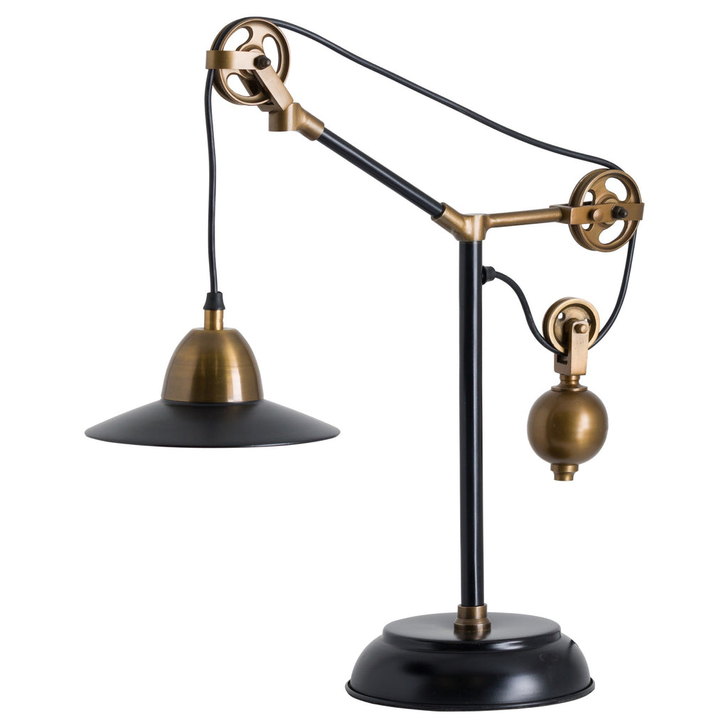 brass and black industrial spotlight table lamp