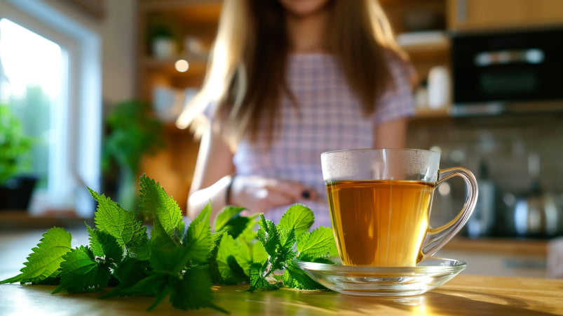 Orties fraîchement cueillies prêtes à être utilisées dans le thé et dans des recettes saines.