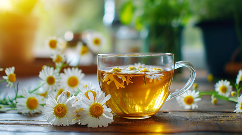 Chamomile tea in a cup on a table in the kitchen