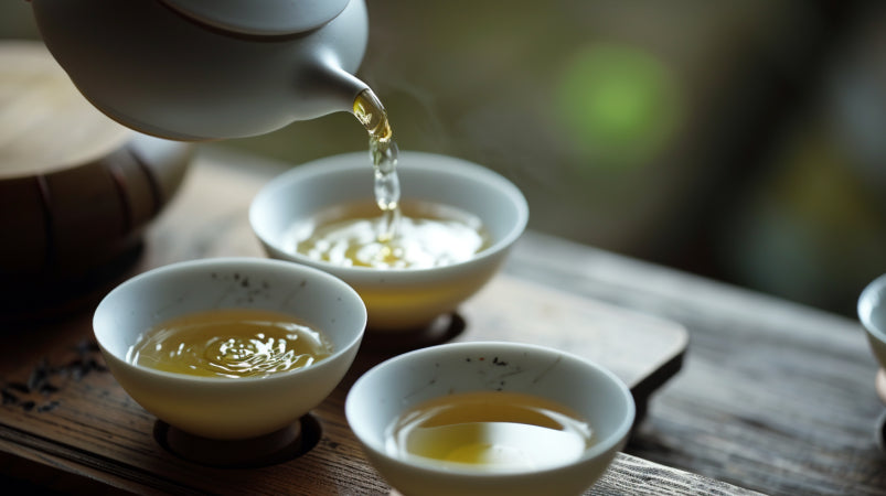 Thé vert fraîchement infusé dans une tasse de thé traditionnelle