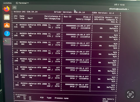 nvidia-smi shows 8 2080ti GPUs with 22G vram