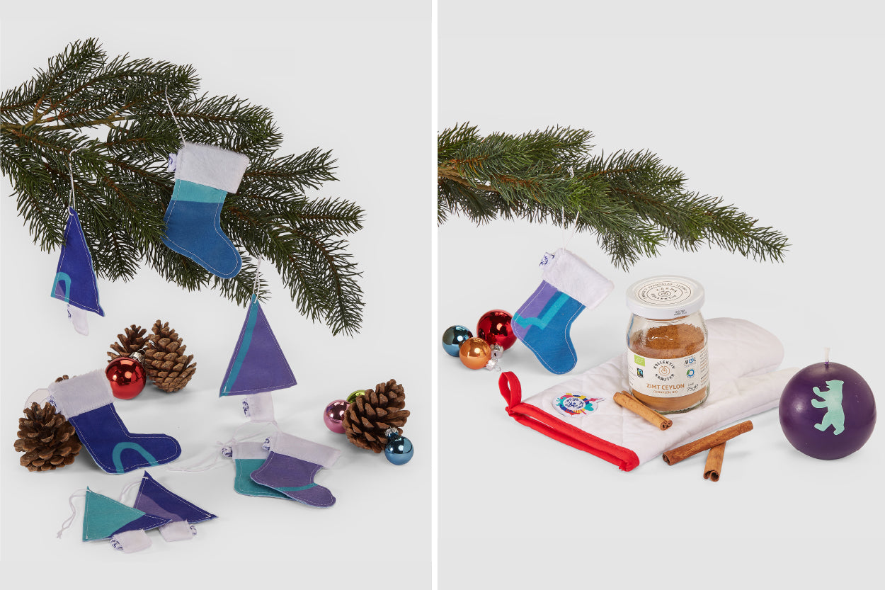 On the left there is the tree ornaments set and on the right there is the winter baking set.