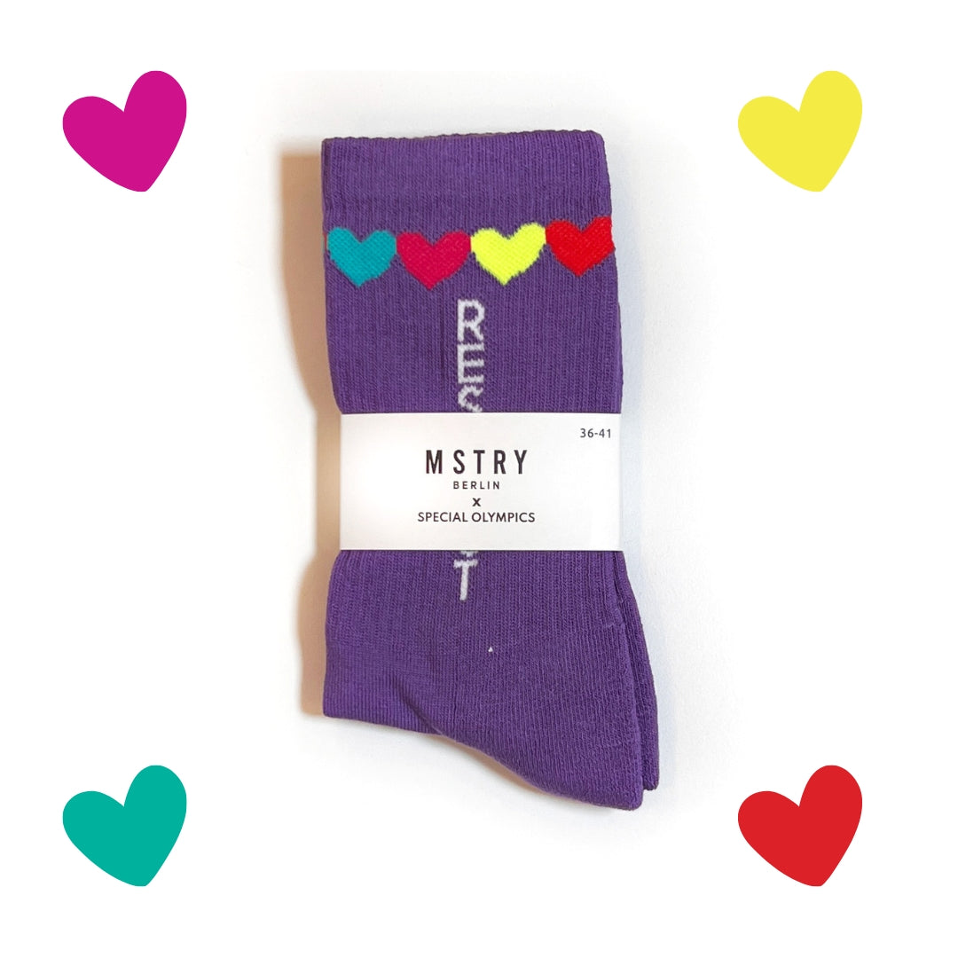 Purple "Respect" Socks with hearts in paper packaging