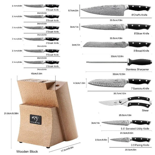 SIXILANG Knife Set, 8 Piece German Stainless Steel Hollow Handle Manual  Knife Sharpener Forged Kitchen Knives Set with Oak Wooden Block Gift