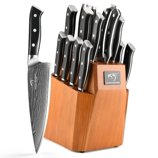 14-Pieces Damascus Kitchen Knife Set with Bamboo Drawer Organizer