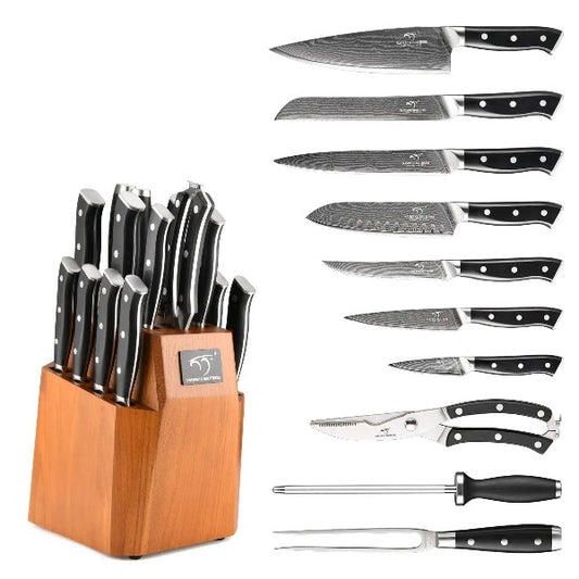 14-Pieces Damascus Kitchen Knife Set with Bamboo Drawer Organizer