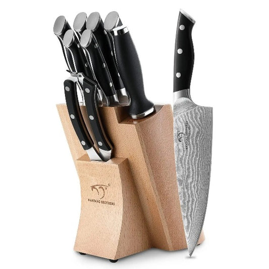 SIXILANG Knife Set, 8 Piece German Stainless Steel Hollow Handle Manual  Knife Sharpener Forged Kitchen Knives Set with Oak Wooden Block Gift