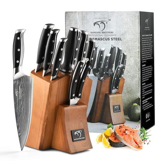  NANFANG BROTHERS Knife Set, 7 Pieces Damascus Kitchen Knife Set  with Block, ABS Ergonomic Handle for Chef Knife Set, Kitchen Shears, Knife  Block Set for Chopping, Slicing & Cutting: Home 