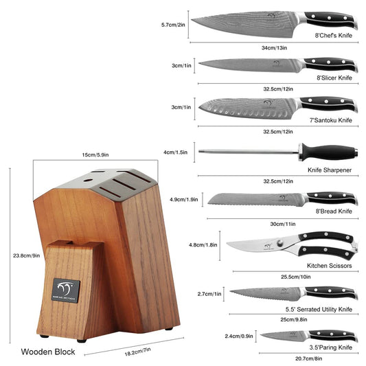 Kitchen Damascus Knife Set, 15-Piece Kitchen Knife Set with Block, ABS –  1981Life