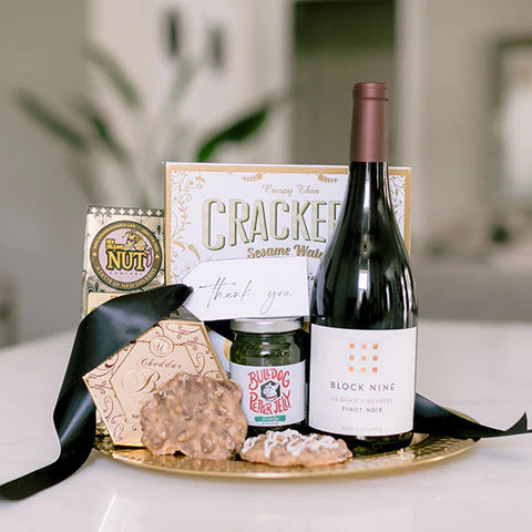 Wine and gourmet snacks thank you gift basket