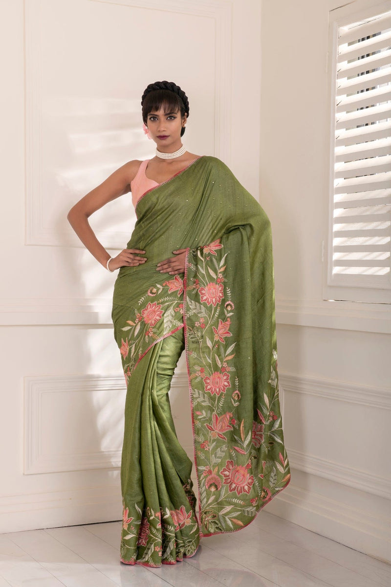 Green Tussar Silk all over embroidered scalloped Border Saree