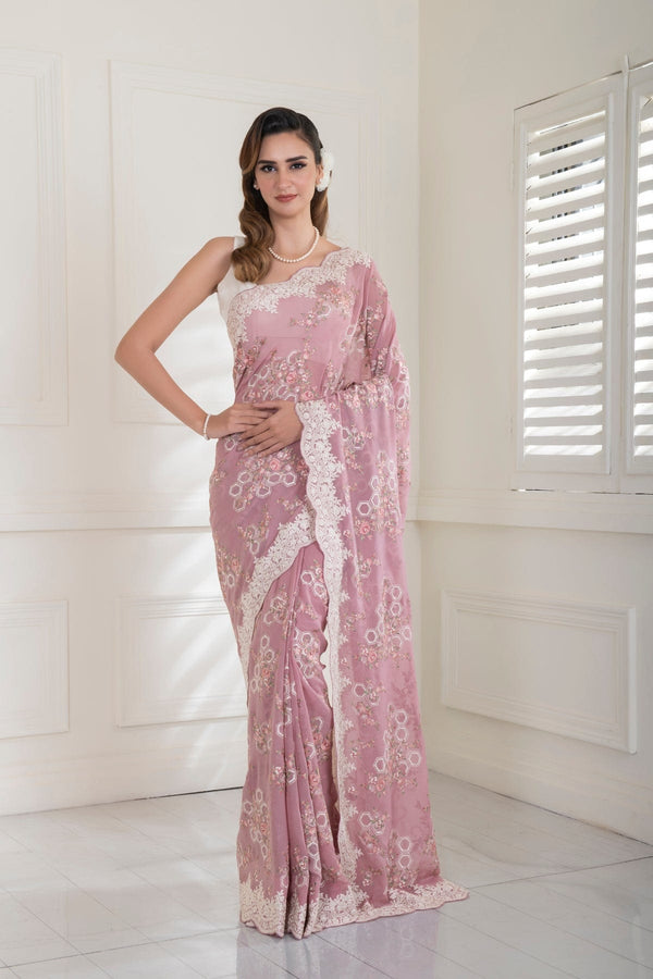 Pink Pure georgette all over embroidered scalloped Border Saree