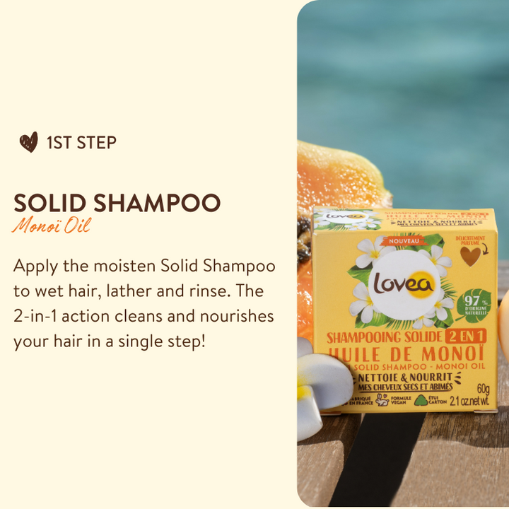 8000065 lovea kit de soin cheveux corps essentiels voyage monoi shampoo solide 2 en 1 huile de monoi produit 1