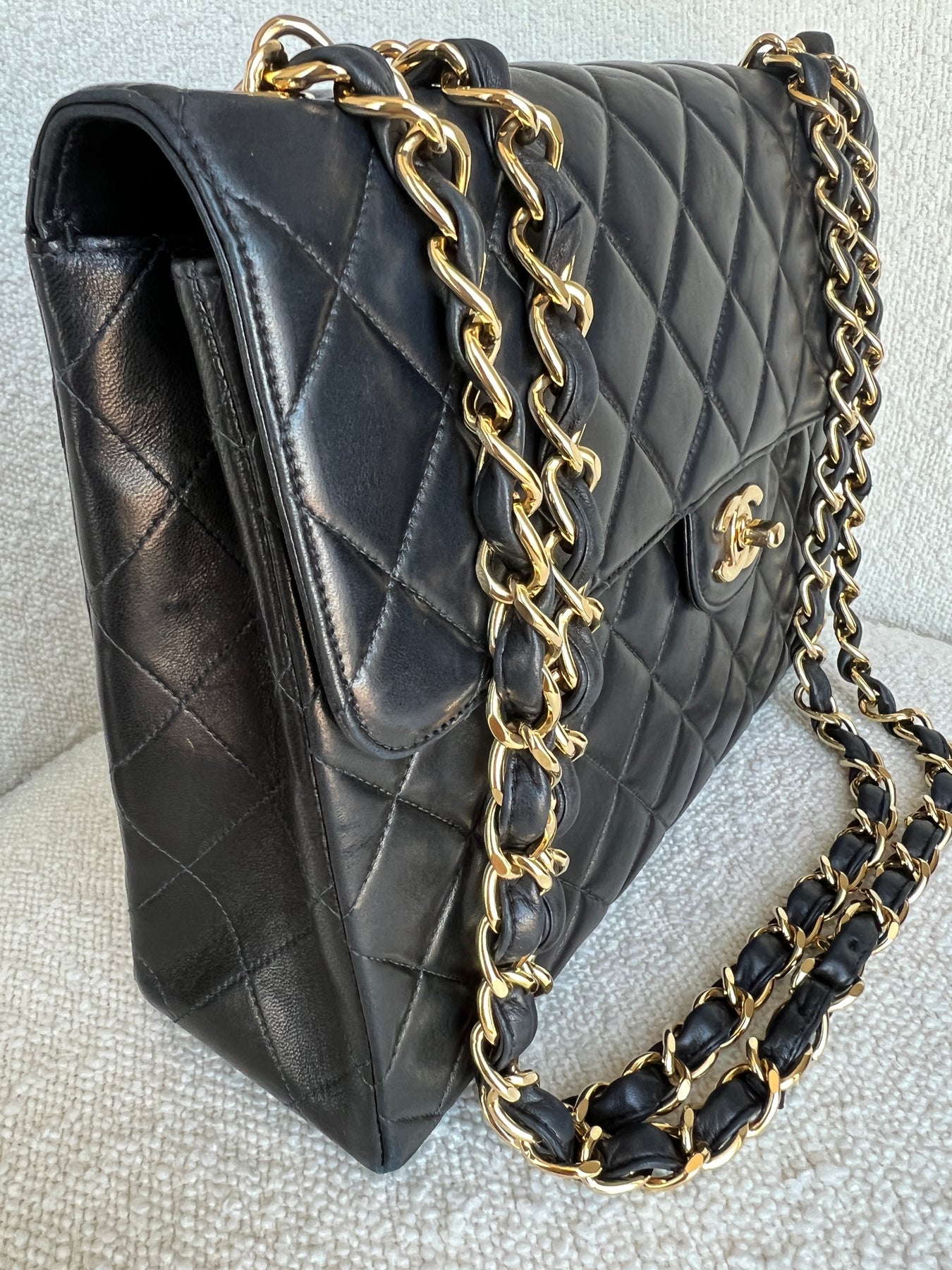 Chanel Vintage Jumbo Single Flap Bag In Black Lambskin With Gold Hardware  SOLD
