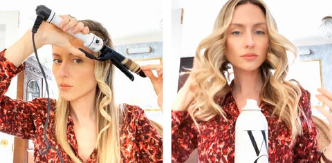 woman curling her long blonde hair with a styling tool and color wow product
