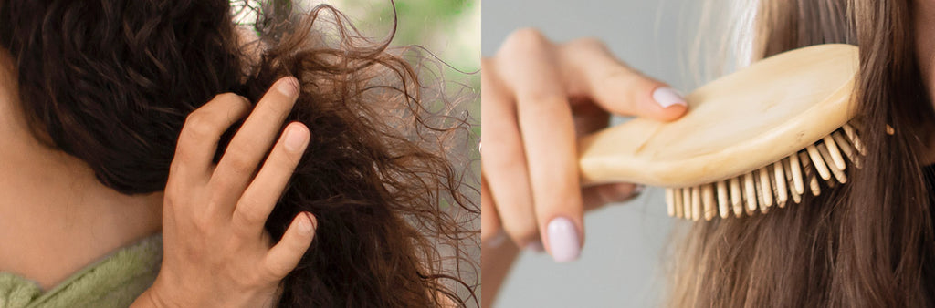 close up of ends of hair next to a woman brushing the ends of her hair