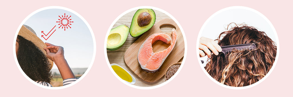 person wearing a hat, salmon and avocado on a wooden board and comb running through curly hair