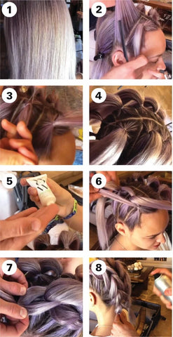Step 1: Prepped hair. Step 2: Sectioning hair.  Step 3: Sections gathered into ponytails.  Step 4: 6 ponytails in the hair.  Step 5: Using One-Minute Transformation Cream.  Step 6: Splitting the section and securing it behind the next ponytail.  Step 7: Pulling the hair to make a bubble. Step 8: Spraying the hair with Cult Favorite Hairspray.