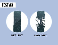 Test #3. Comparison of healthy hair that is strong and not broken and damaged hear that is weak and breaks easily.