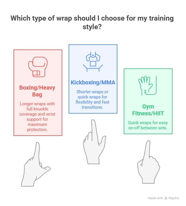 An infographic titled "Which type of wrap should I choose for my training style?" presents three options.