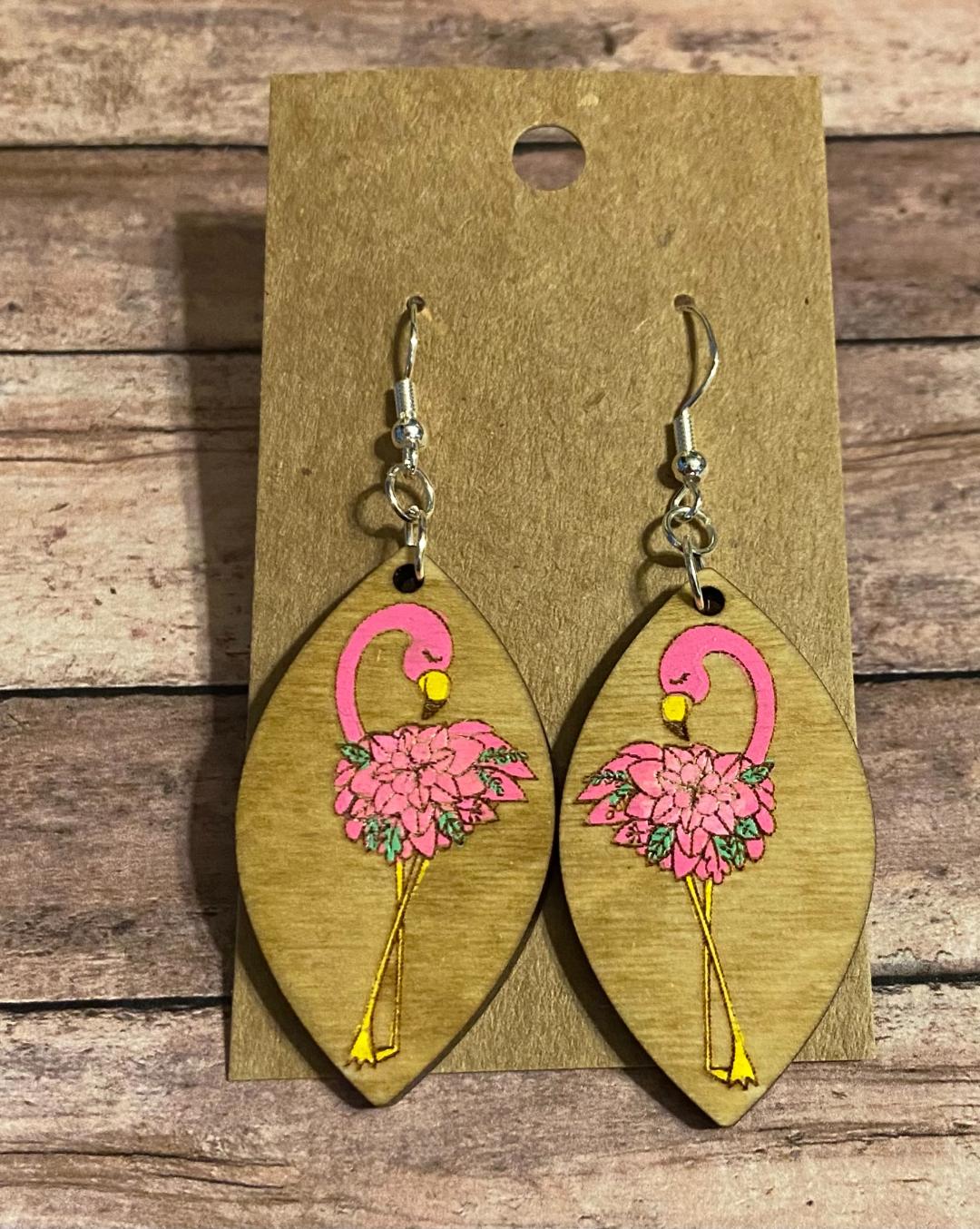 Flamingo wood dangle earrings
