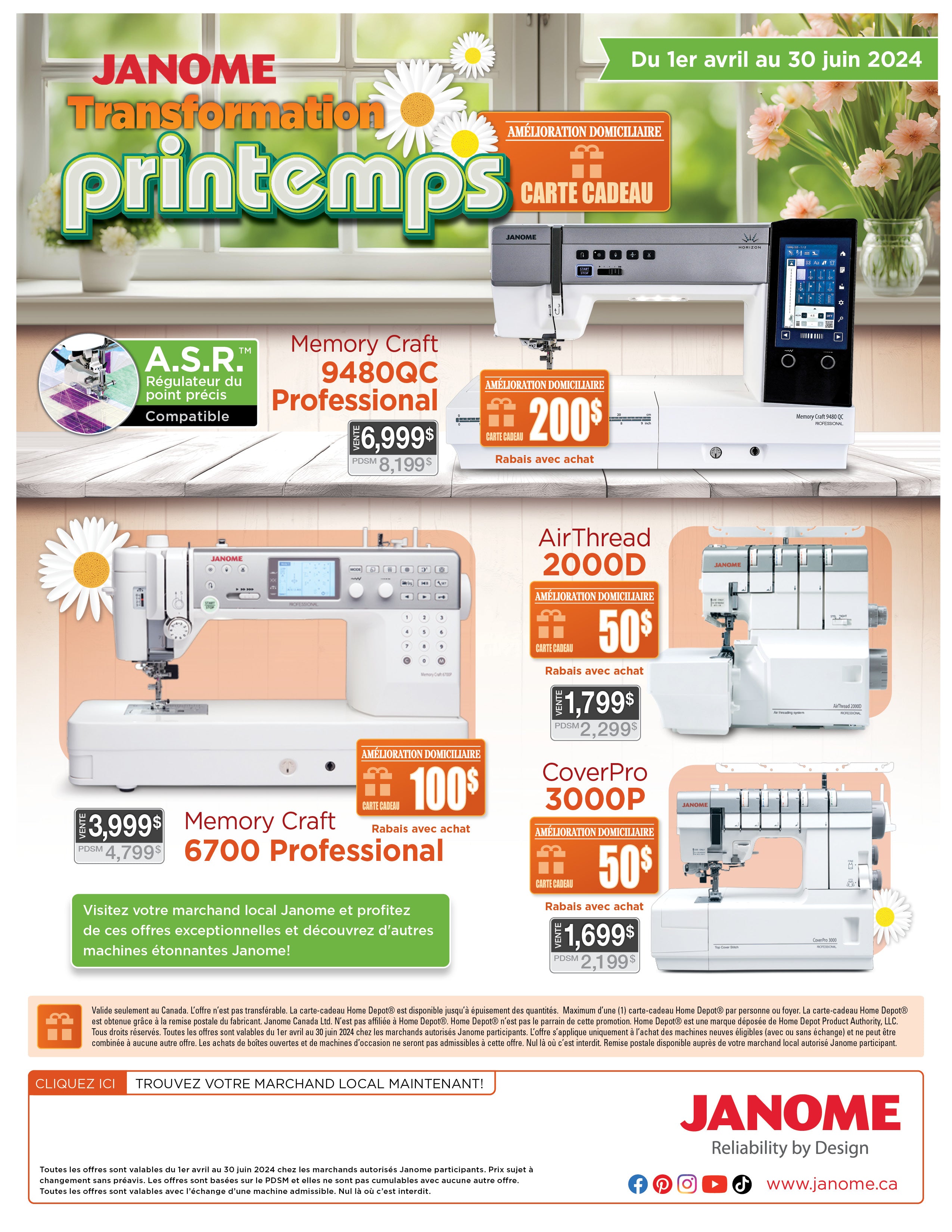 La seconde image est la continuation de la publicité pour la vente de printemps de Janome, également avec le grand titre "JANOME Transformation printemps" en haut. Elle met en avant trois autres machines à coudre, y compris la "Memory Craft 9480QC Professional" à 6 999$, la "AirThread 2000D" à 1 799$, et la "CoverPro 3000P" à 1 699$. De même, des offres de cartes cadeaux de réduction sont proposées à l'achat, avec des valeurs de 100$ à 200$. L'image montre une autre vue printanière à travers une fenêtre, créant une ambiance accueillante et inspirante pour la couture. En bas de la publicité, on encourage à visiter les détaillants locaux Janome pour profiter des offres exceptionnelles.