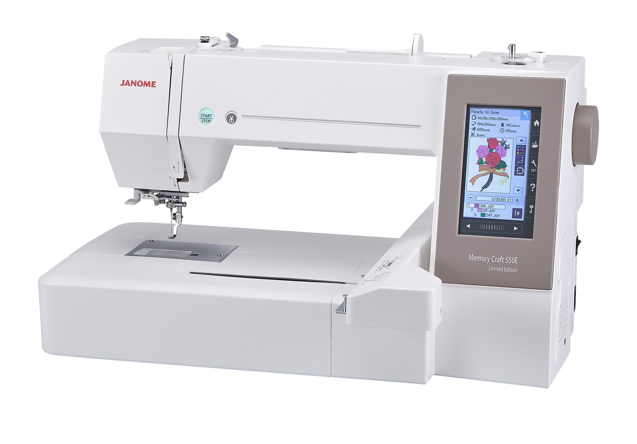 Broderie en cours sur la Janome Memory Craft 550E LE, illustrant son vaste espace de broderie de 7,9 x 14,2 pouces.