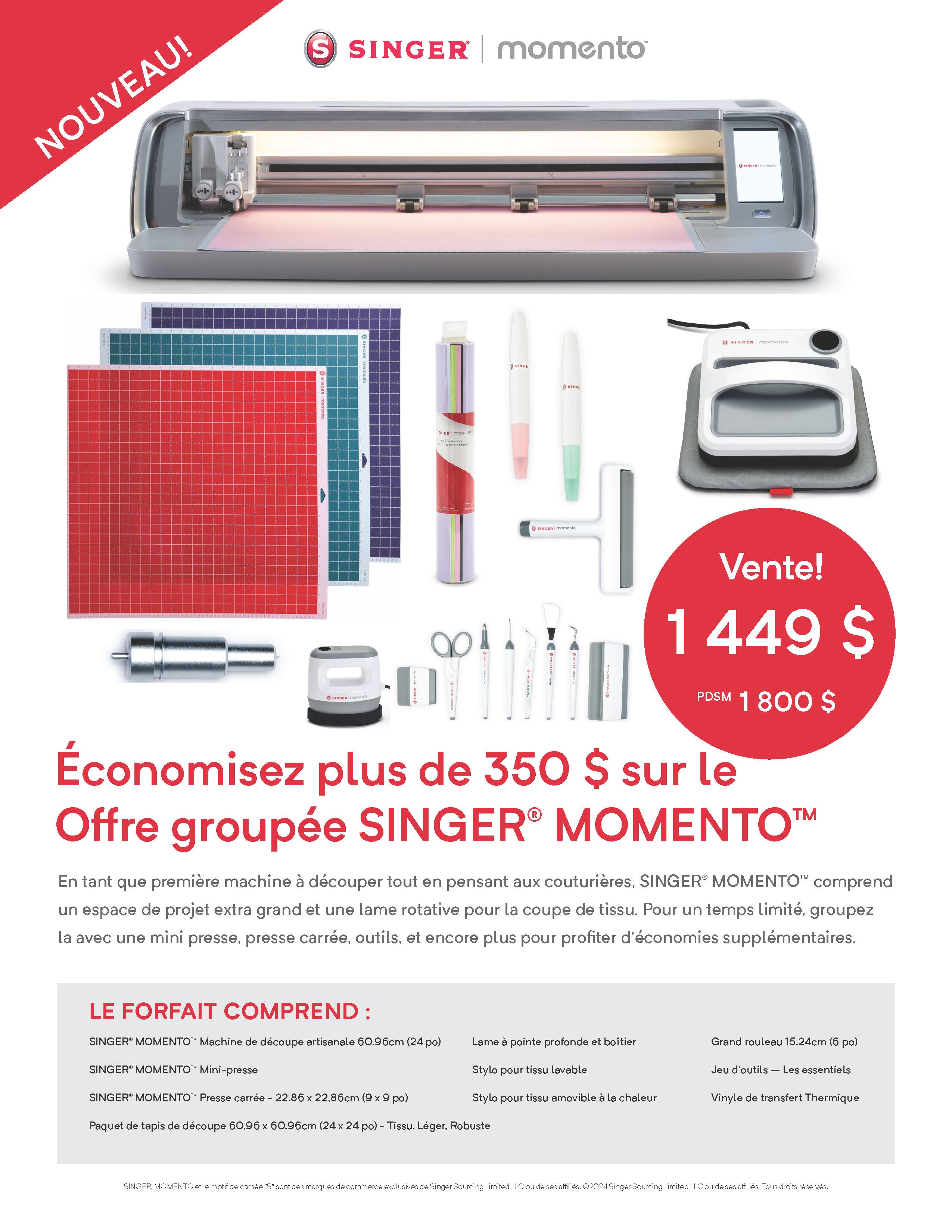 Économisez plus de 350 $ sur l'offre groupée SINGER® MOMENTO™ incluant la machine de découpe artisanale et divers accessoires, en vente pour 1449 $ chez Excelle Machine à Coudre.