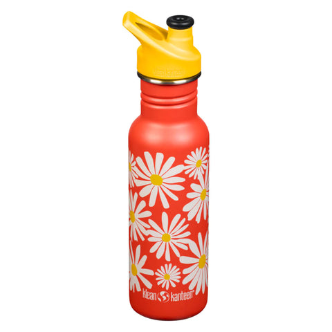 Red and yellow daisy print Klean Kanteen stainless steel water bottle available from BAM Store + Space in Bristol