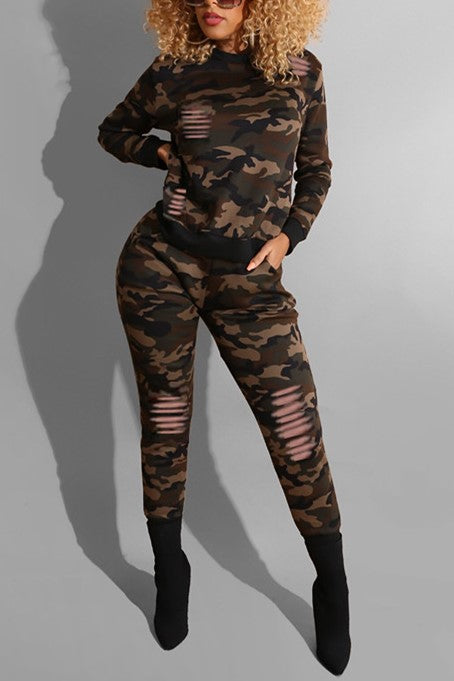 Fashion Casual Camouflage Printing Green Two-piece Set
