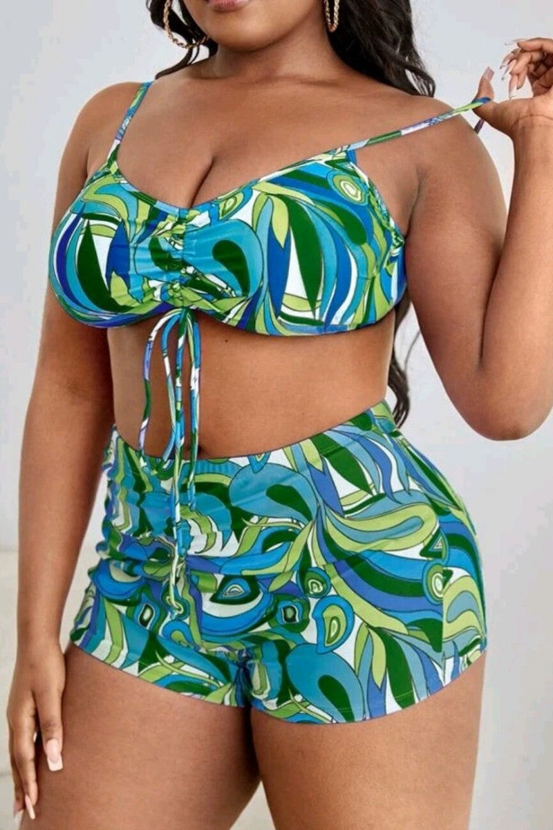 Sexy Print Cosplay V Neck Plus Size Swimsuit Three Piece Set (With Paddings)