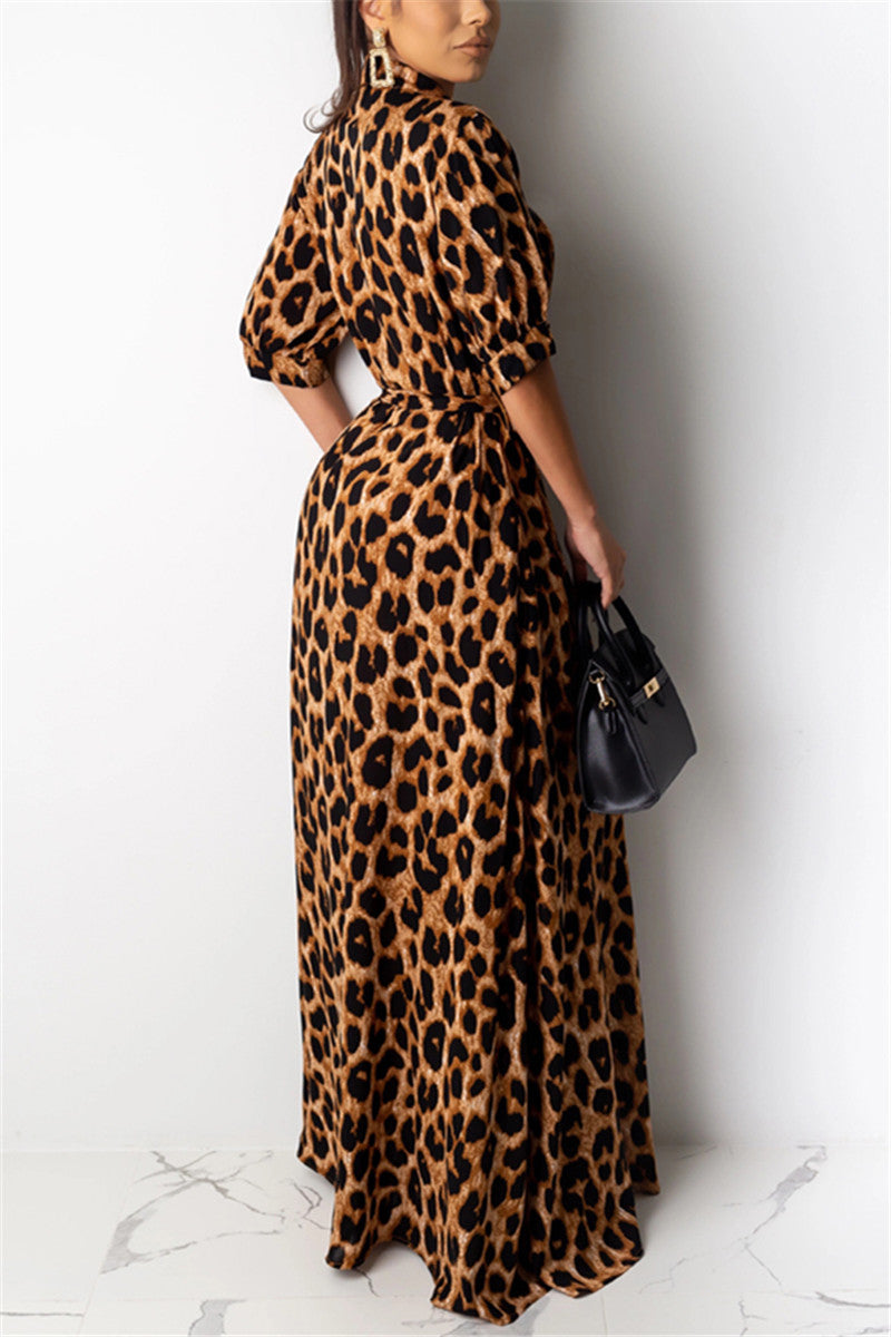 Fashion Sexy Turndown Collar Print Leopard Dress