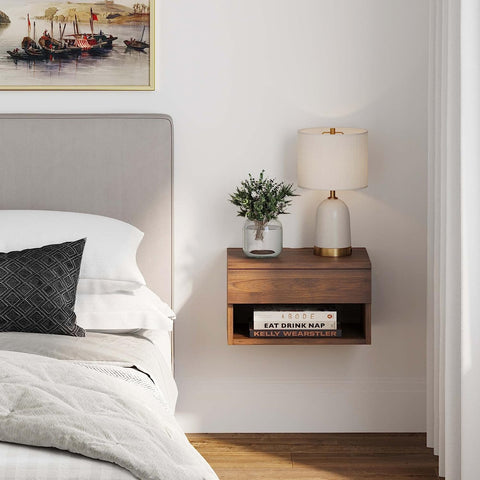 floating nightstand can make bedroom look larger