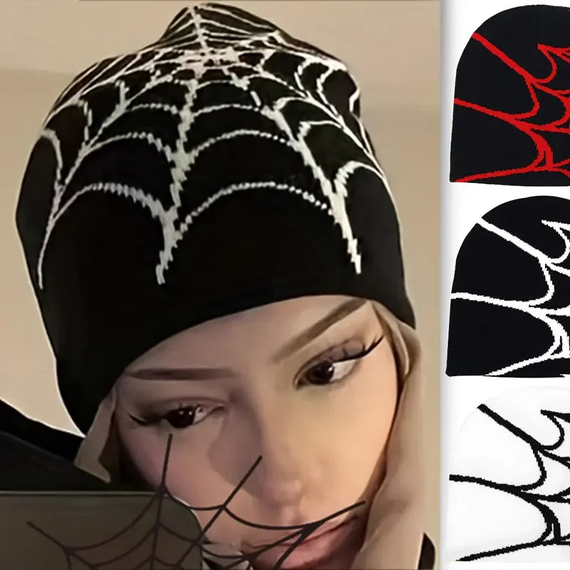 Popxstar Fashion Knitting Spider Web Design Hat for Men Women Pullover Pile Cap Y2k Goth Warm Beanie Hats New Hip-hop Street Cap