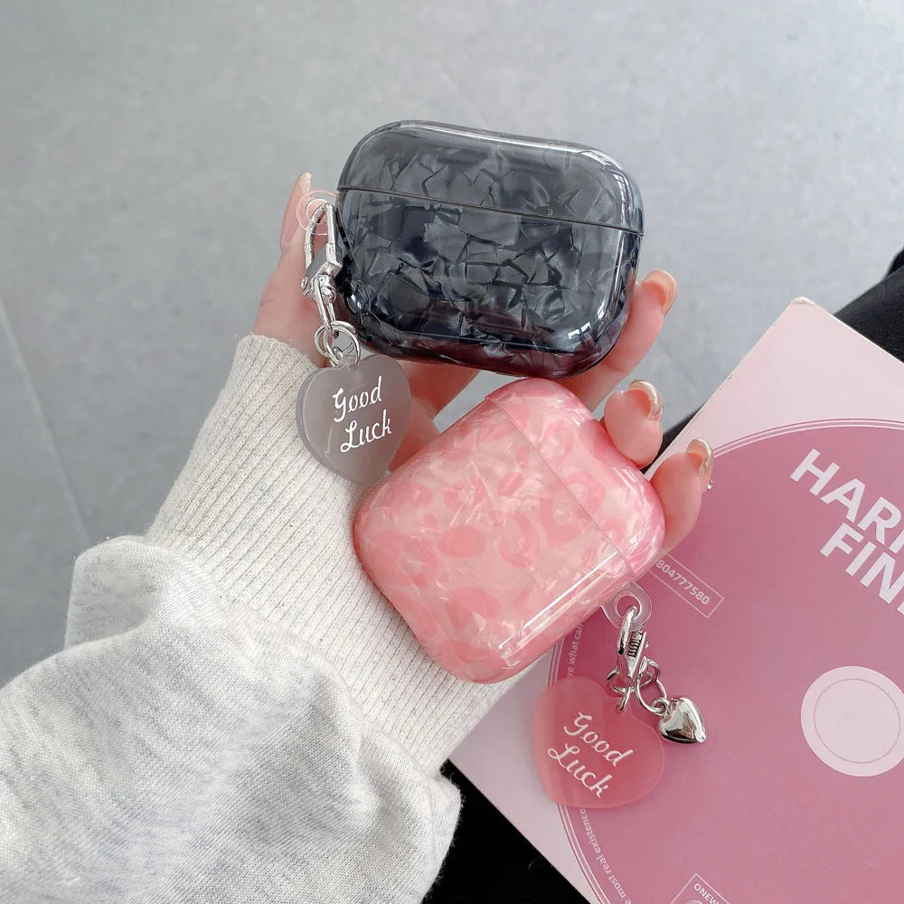 Popxstar  Black Pearl Shell Pink Leopard Print TPU Case Love Heart Pendant Protection Cover for Apple AirPods Pro 2 3 4 Silicone Cases